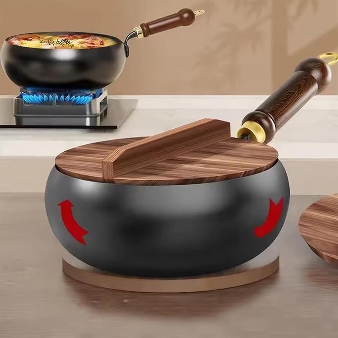 Jinswhdre Cast Iron Skillet, 9.5/11in Jinswhdre Japanese Irons Pan, Hand Forged Uncoated Iron Pan with Lid Spatula, Non-stick Wok for Cooker Gas Stir Fry Pans Durable and Rust-Free (No Lid,10.2in)