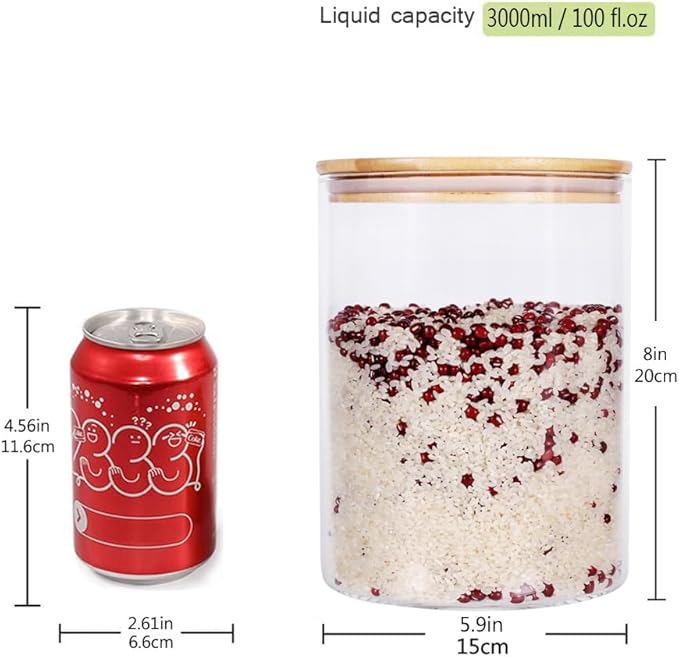 Set of 2 Large Glass Food Storage jar, 100 FL OZ (3000ml) Glass Flour Canister with Airtight Bamboo Lids for Kitchen Corner, BPA-Free Flour Container for Sugar, Ground Coffee, Rice and Dry Food