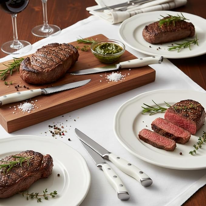 Alata 6-Piece White Steak Knives Set, Stainless Steel Steak Knife set with Serrated Edge, Razor-Sharp, Full-Tang Construction, Dishwasher Safe