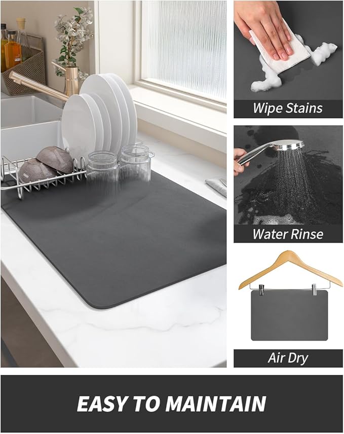 AMOAMI-Coffee Mat Hide Stain Rubber Backed Absorbent Dish Drying Mat for Kitchen Counter-Fit Under Coffee Bar Accessories Maker Machine Pot Espresso Machine Dish Rack