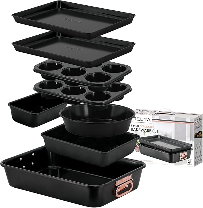 Nonstick Ceramic Bakeware Set – 8 Piece Baking Pans Set, Oven Safe to 450°F, Includes Muffin Pans, Cookie Sheets, Loaf, Roaster, Round & Square Pans, BPA-Free