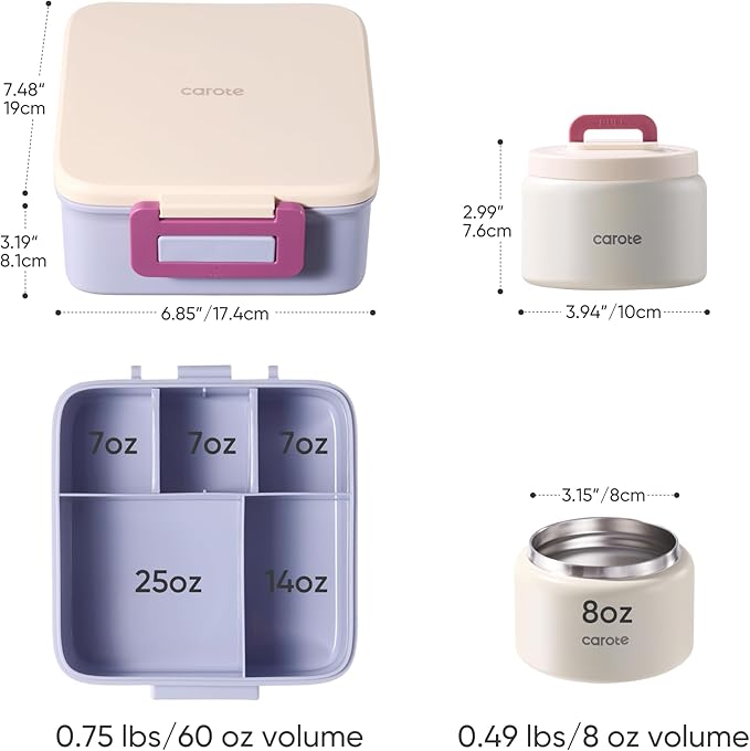 CAROTE Bento Box for Kids, Lunch Box Kids with 8oz Thermos for Hot Food, Lunch Container for Girls Boys, 3 or 5 Compartments with 2 Removable Dividers, BPA Free/Leak Proof/Dishwasher Safe