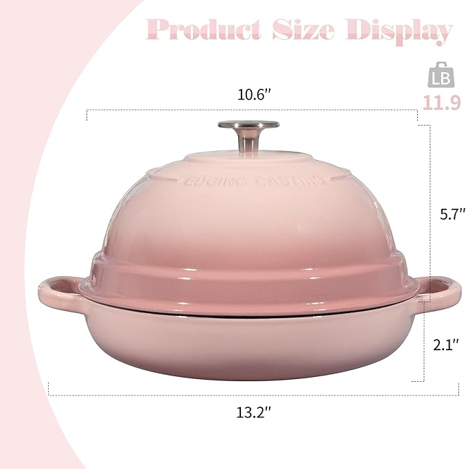 Enameled Cast Iron Dutch Oven Pot with Lid, Round Bread Oven for Homemade Sourdough Bread Baking, 6 Quart, Pink