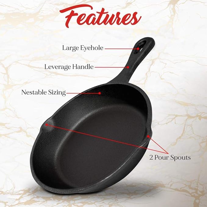NutriChef Pre-Seasoned Cast Iron Skillet Pans - 3 Pieces Kitchen Frying Pan Nonstick Cookware Set w/Drip Spout - Includes Scraper - Electric Stovetop, Induction, Gas Range, Ceramic - NutriChef NCCI76