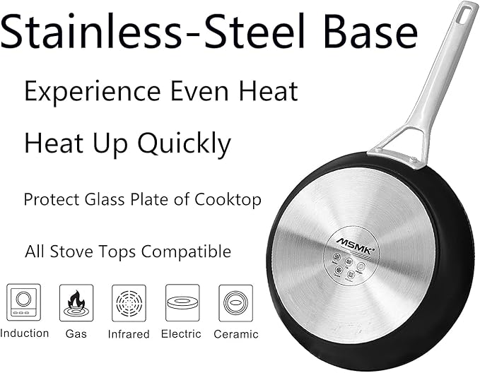 MsMk Small Frying pan, 8-inch Nonstick Durable Egg Omelet Skillet with Stay-Cool Handle, Limestone Non Stick Coating From GRE, 4mm Stainless Steel Base Induction, Oven Safe, Dishwasher Safe