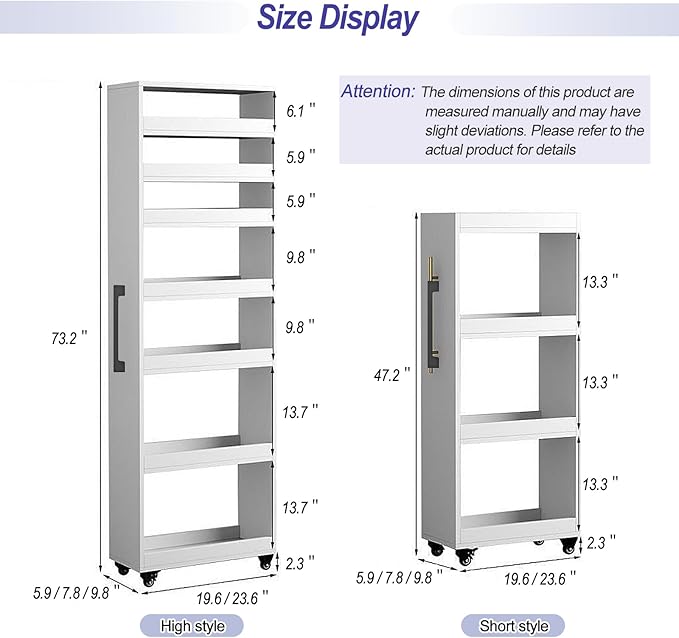 7-Tier Slim Storage Cart, Wooden Rolling Pantry Cabinet with Wheels, Narrow Shelf Organizer for Kitchen, Bakers Rack, Dining Room, Closet, Small Spaces Warm White 47.2" H*9.8" W*16.9" D