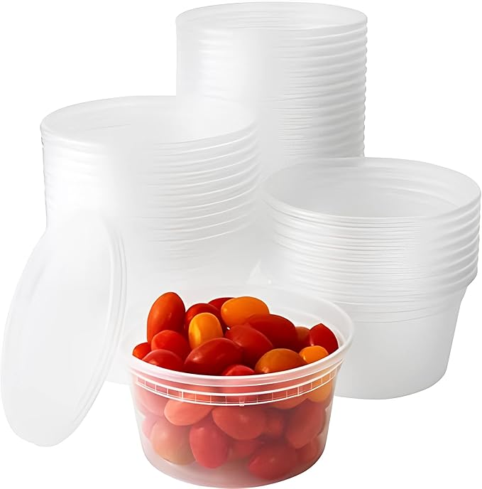 Deli-Grade BPA-Free 12oz Plastic Containers with Lids 48ct. Leakproof Microwavable Portion Container for To-Go Orders, Food Prep and Storage. Reusable Takeout Cups for Restaurant, Cafe and Catering.
