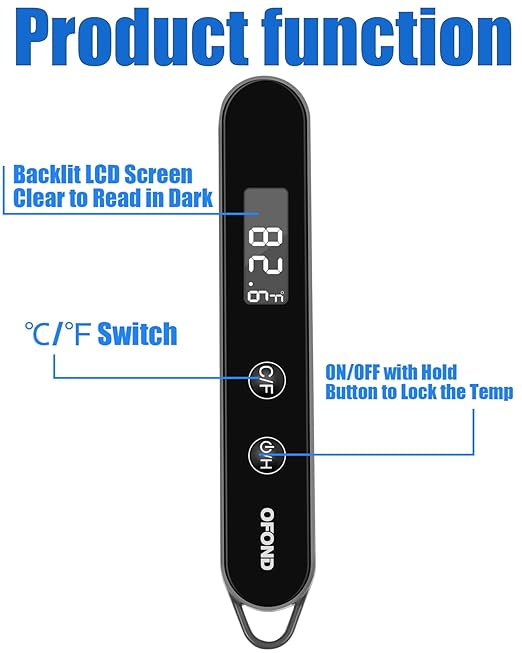 Meat Thermometer Digital for Cooking and Grilling,Instant Read Food Thermometer with Battery,Folding Accurate Probe Kitchen Thermometer for BBQ,Backlit LCD,Store by Magnet and Hook (Black)