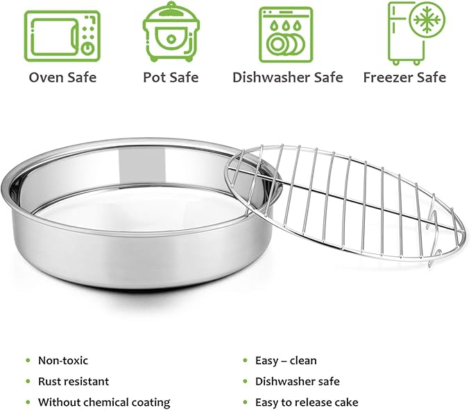 E-far 8-inch Round Cake Pan with Rack Set, Stainless Steel Cake Pans Tins and Baking Cooling Racks, Non Toxic & Healthy, Mirror Polished & Dishwasher Safe - 4 Pieces (2 Pans + 2 Racks)