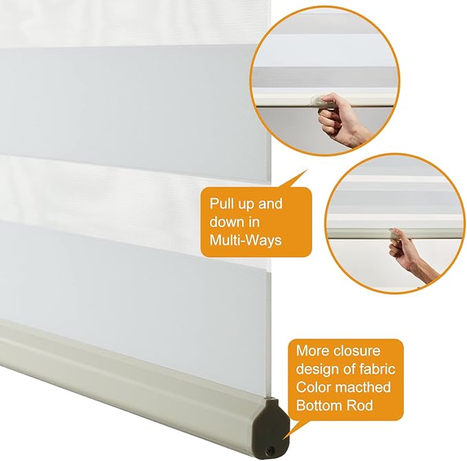 Persilux Cordless Zebra Blinds for Windows Free-Stop Window Blinds (34" W X 64" H, Cream) Dual Layer Light Control for Day and Night, Light Filtering Sheer Shades for Home, Easy to Install
