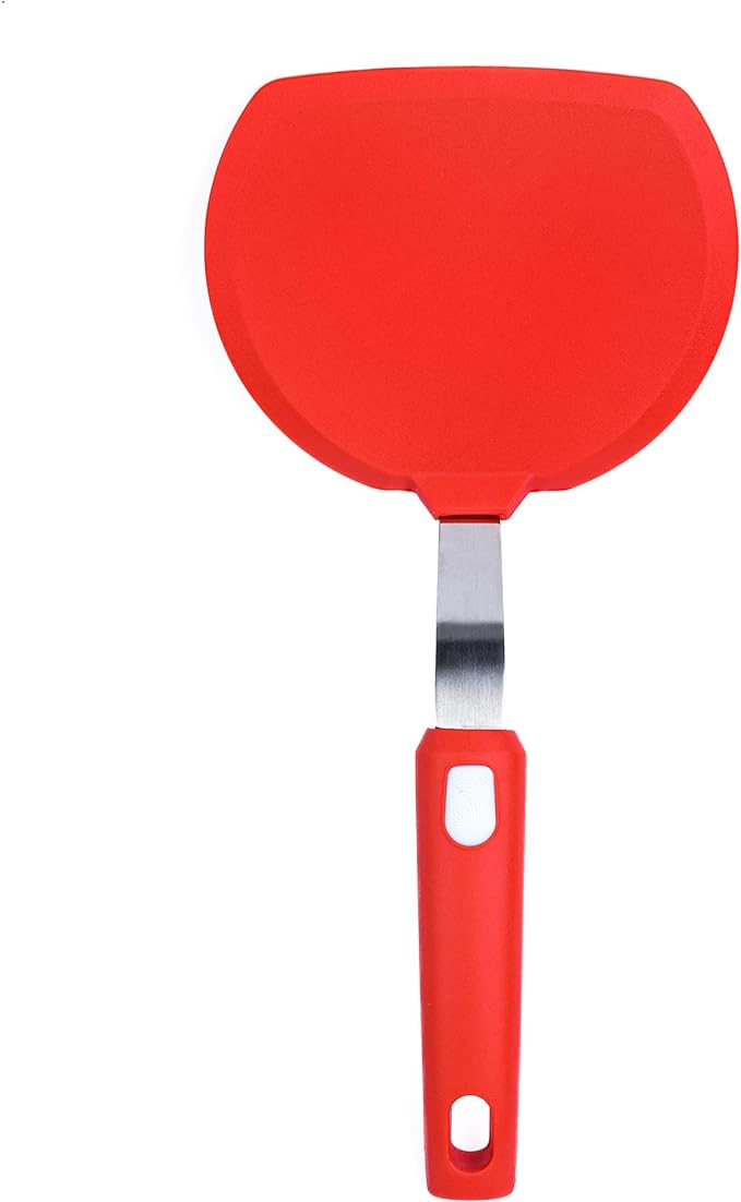 Silicone Pancake Spatula | Wide Beveled Edge Flipper with Stainless Steel Curved Handle | Heat Resistant Non-Stick Cooking