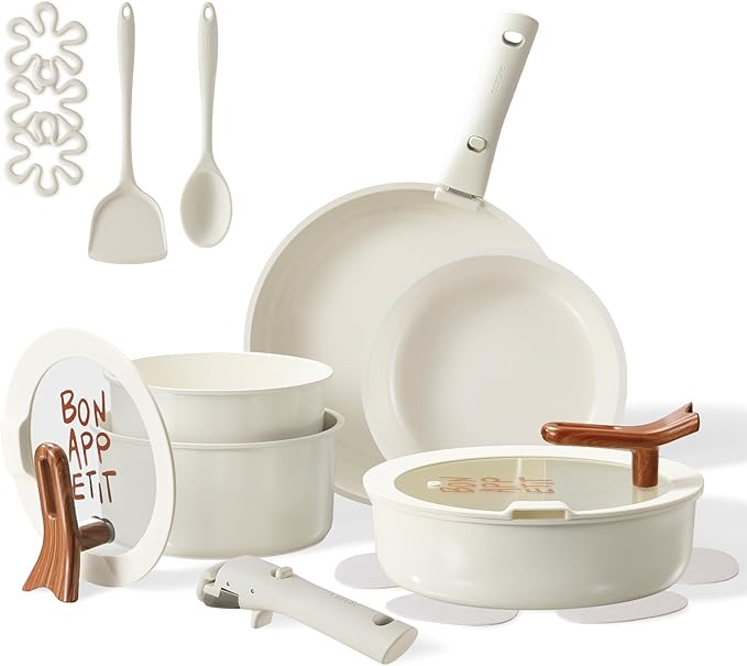 CAROTE 18Pcs Ceramic Cookware Set with Detachable Handle, Pots and Pans Set Non Stick, Non Toxic Kitchen Cooking Sets with Stand-Up Lid, PFAS and PFOA Free, Oven Safe, Induction Ready, Cream White