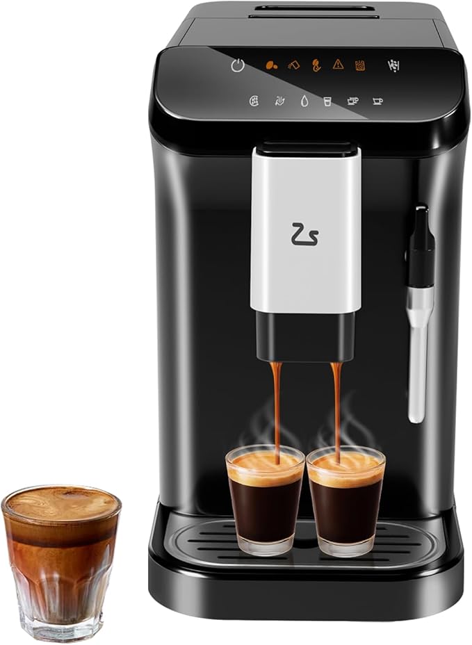 IDEALHOUSE Fully Automatic Espresso Machine with Grinder and Milk Frother, Touchscreen Coffee Maker, 20 Bar Pressure, 1.5L Water Tank, One-Touch Latte and Cappuccino