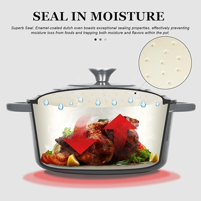 Overmont Enameled Cast Iron Dutch Oven - 4.5QT Pot with Lid Cookbook & Cotton Potholders - Heavy-Duty Cookware for Braising, Stews, Roasting, Bread Baking grey