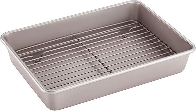 CHEFMADE Roasting Pan with Rack, 13-Inch Non-Stick Rectangular Deep Dish Oven-BBQ Bakeware for Oven Baking 9" x 13" x 2.4" (Champagne Gold)