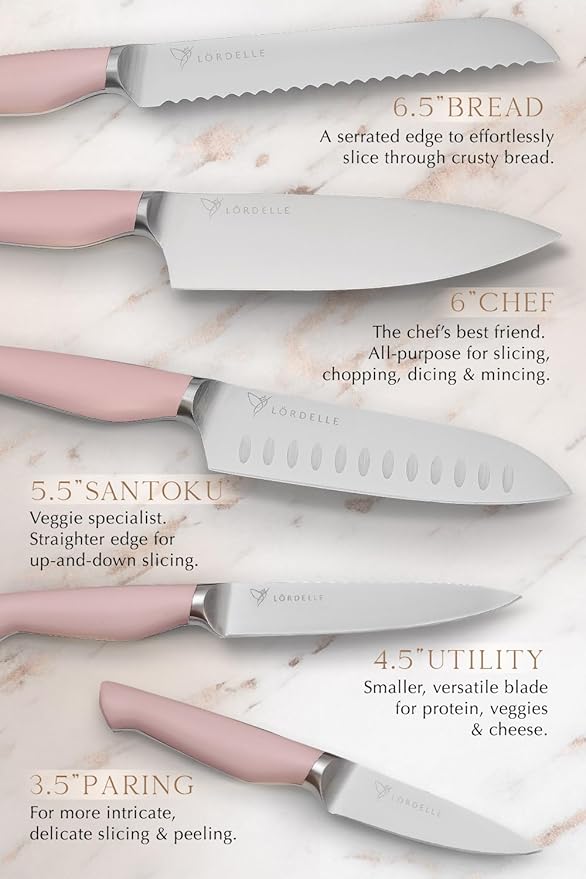 Lordelle Knife Block Set - 5 Piece Set - Rosewood Pink - Lifestyle Home Kitchen Design - German X50 Stainless Steel - ABS Handle - Ash Wood Block - Cooking Chef Knife, Santoku, Paring, Utility