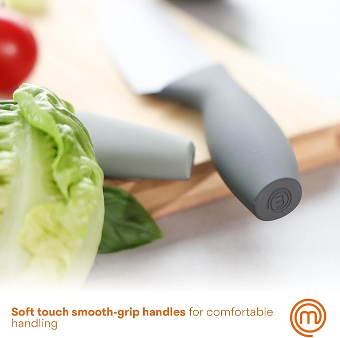 MasterChef Knife Block Set of 6 Kitchen Knives, Extra Sharp Stainless Steel Blades for Professional Cutting with Non Stick Coating & Soft Touch Easy Grip Handles in a Universal Holder, Earth Greys