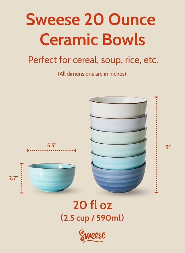 Sweese 20 Oz Porcelain Cereal Bowls - Set of 6, Multicolor, Lead-Free, for Soup, Salad, Rice Snacks, Kitchen Decor