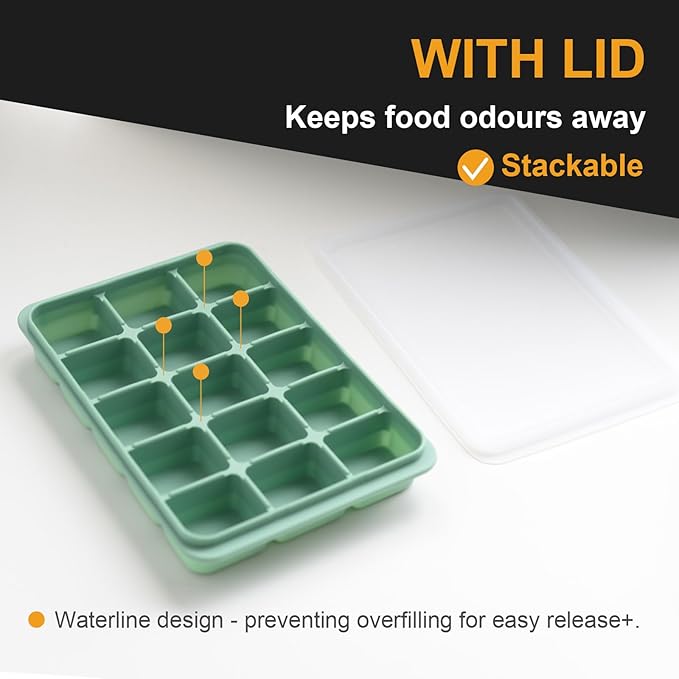 Ice Cube Trays Set of 3, Easy Release 15 Flexible Silicone Ice Cube Molds with Removable Lid Reusable Freezer Ice Trays Stackable for Whiskey, Baby Food, Green+Blue+Grey