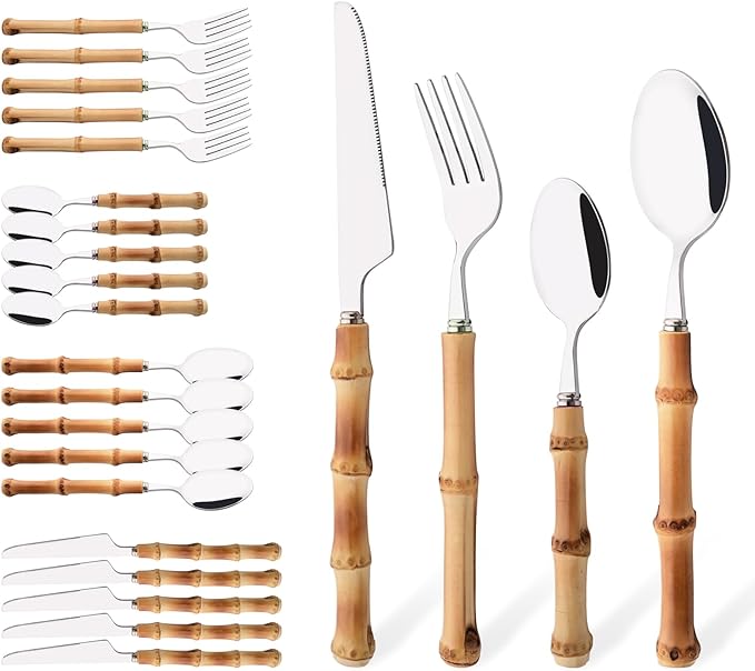 Bamboo Silverware Set, 24-Piece Natural Bamboo Flatware Cutlery with Stainless Steel Silver Head, Includes Knife, Fork, Spoon for Daily Use and Party, Reusable
