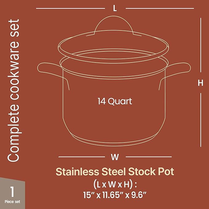 Stainless Steel Stockpot with Tempered Glass Lid 14 Quart, Durable 18/0 Stainless Steel, Impact-Bonded Base for Even Heating, Riveted Handles, Oven & All Stove Compatible, Safe Up To 500°F (260°C)