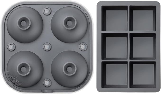 Samuelworld Large Silicone Premium Ice Trays, 2-Pack Combo, 2 Inches Big Cubes & 2.5 Inches Sphere Ice Molds - BPA Free, Craft Ice Maker for Gifting, Whiskey, Cocktails, Easy Release - Gray