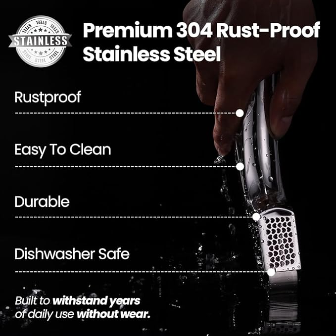 No Peeling Required Garlic Press Stainless Steel with Detachable Handle for Coarse Mincing - Premium Garlic Mincer Tool, Rust-Proof, Easy to Clean, Dishwasher Safe Garlic Crusher with 5-Year Warranty
