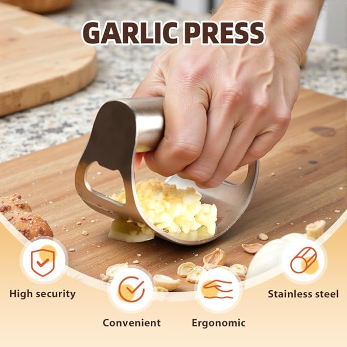 Stainless Steel Garlic Press, 2025 New Arc Shape Stainless Steel Ring Garlic Chopper, Garlic Presse Rocker Garlic Press Mincer Crusher Press, Kitchen Heavy Duty Handle Garlic Chopper (1)