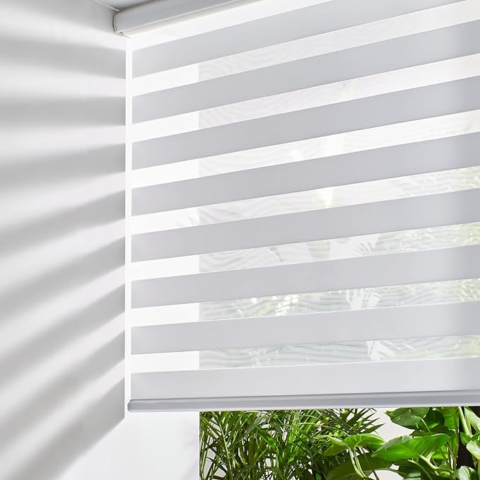 Persilux Cordless Zebra Blinds for Windows Free-Stop Roller Windows Shades (58" W X 47" H, White) Dual Layer Light Control for Day and Night, Light Filtering Sheer Shades for Home, Easy to Install
