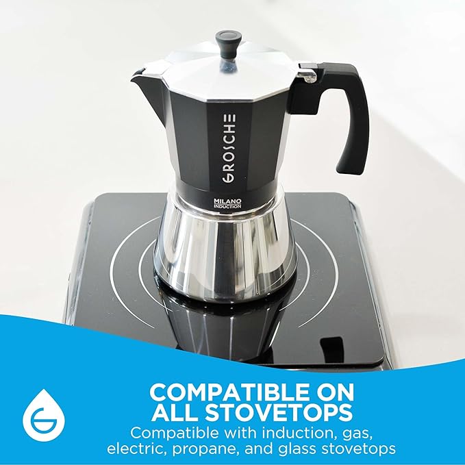 GROSCHE Milano Induction Stovetop Espresso Maker Moka Pot for Greca, Induction, Electric & Gas Stoves, Dishwasher Safe Stovetop Espresso Maker | 6 Espresso Cup, Black