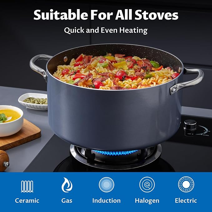 BEZIA 10 Quart Cooking Pot, Large Non Stick Induction Stock Pots with Lid, All Stove Compatible, 10 QT Aluminum Soup/Stew Pot For Large Families or Meal Prepping, Grey