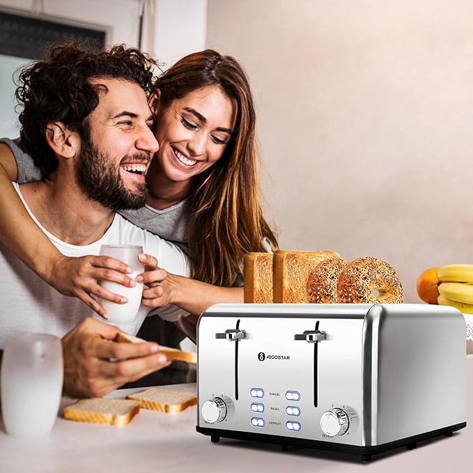 Aigostar Toaster 4 Slice 1.6" Wide Slot Stainless Steel Toasters with Bagel, Reheat, Cancel, Defrost Function, 6 Shade Settings, Removable Crumb Tray, 1550W, Best Rated Prime 4 Slice Toasters