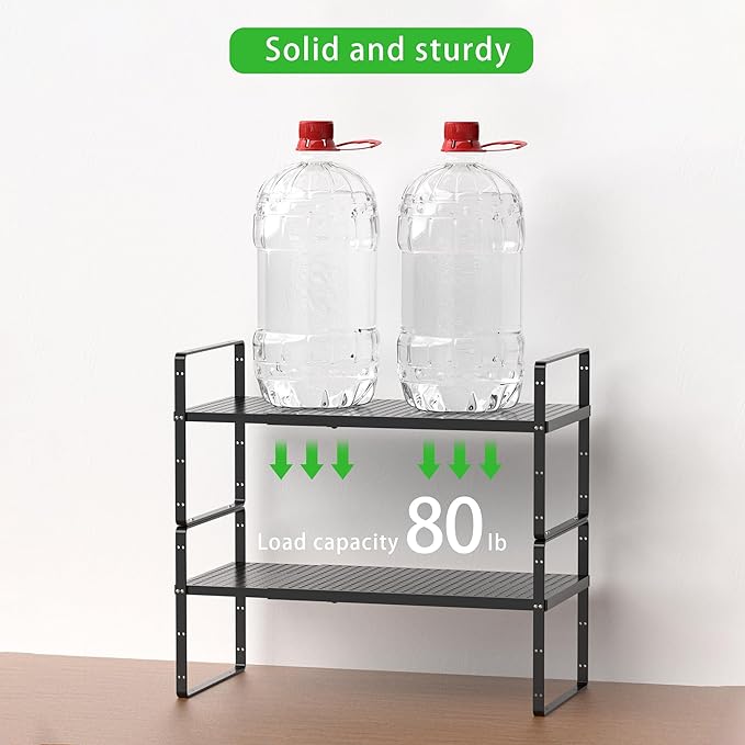 Expandable Cabinet Organizer Shelf, Stackable Shelf Riser for Small Kitchen Pantry Desk Cupboard Tabletop Countertop Home Office, Heavy Duty, Black Small 1 Pack