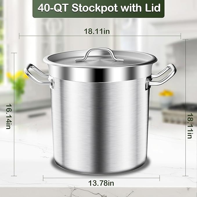 Large Soup Pot with Lid - 40 QT Stainless Steel Stockpots, Cooking Pots, Stock Pot with Lid, Big Pots for Cooking, Heavy Duty, Induction & Oven Safe, Stainless Steel Soup Pots