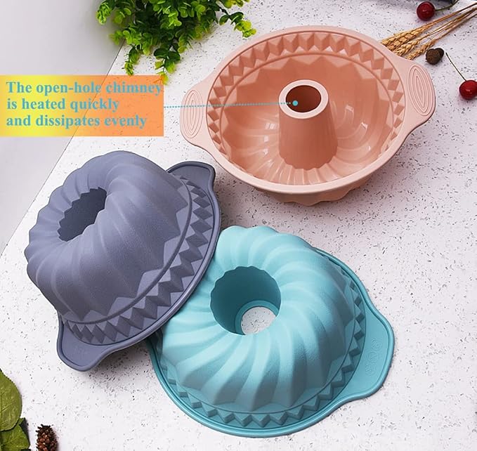 Kenond 2 PCS 9.5 Inch Silicone Cake Pans, Non-stick Fluted Cake Pan with Sturdy Handle, Cake Baking Molds, Perfect Bakeware for Cake, Jello, Gelatin, Bread, Para Gelatinas (Blue)