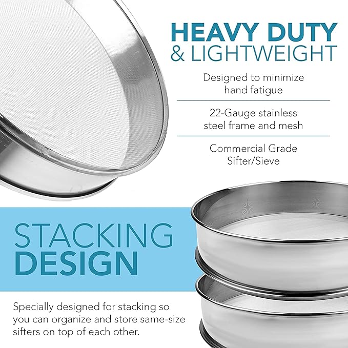 Stainless Steel Flour Sifter Fine Mesh Round Flour Sieve for Baking 12" Diameter x 2.5" High; 30 Mesh (Hole Size 0.6mm)