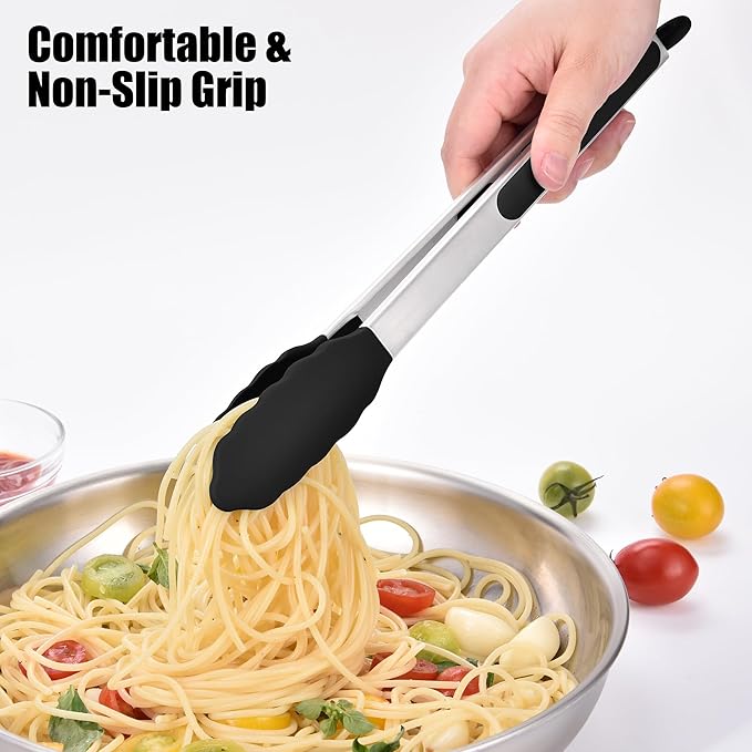 Doosu Kitchen Tongs for Cooking - 600°F Heat Resistant Food Tong Set with Non-Scratch Silicone Tips, Heavy Duty Stainless Steel Locking Tong for BBQ, Grilling Steak, Serving Salad (9+12in, Black)