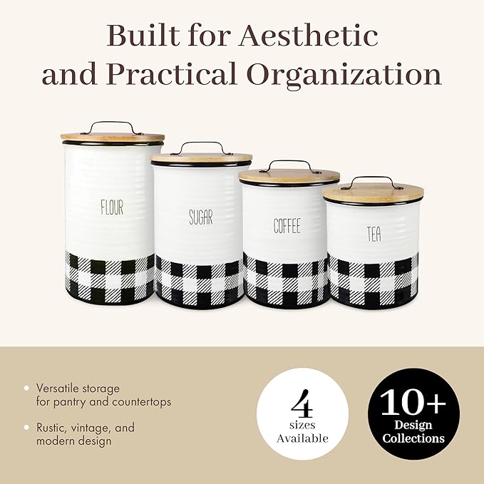 Young's Inc. 4 Pcs Set Plaid with Bamboo Lids Ceramic Canisters- Storage Container for Kitchen and Bathroom - Beautiful Home Decor Accent to Store Food, Coffee, Tea, and More - Black, White