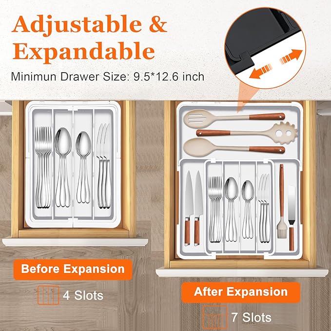 Silverware Organizer - Expandable Kitchen Drawer Organizer, BPA-Free Food-Safe Utensil Drawer Organizer with 7 Compartments, Deep Cutlery Tray for Forks, Knives, White