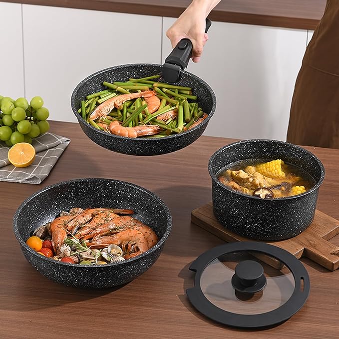 Pots and Pans Set, Nonstick Detachable Handle Cookware Set, Induction Kitchen Cookware Set with Removable Handle, Healthy Non Stick Cookware, Dishwasher ＆ Oven Safe, PFOA Free