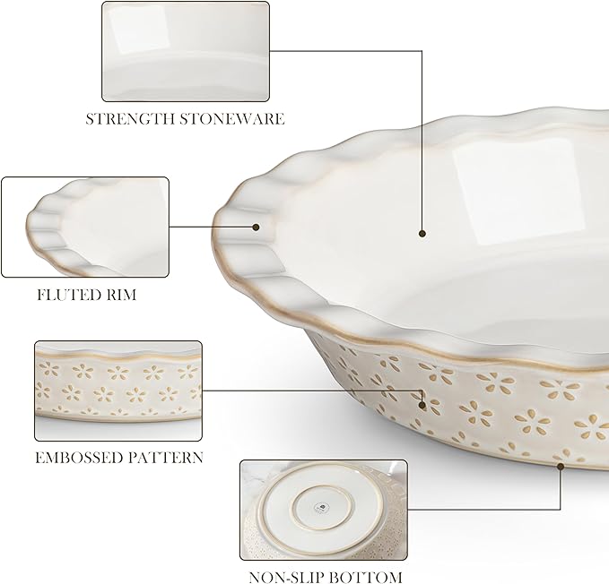 MALACASA 9 Inch Pie Pan, Embossed Deep Dish Plate, 45 OZ Round Quiche Baking Dish for Oven, Fluted for Apple Pie and Quiche, Set of 2, Series LYDIA