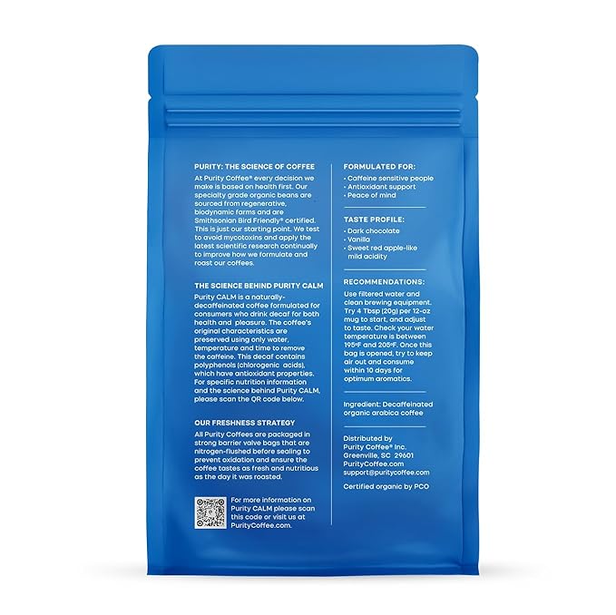 Purity Coffee CALM Decaf Ground Coffee - Natural Water Decaffeinated Coffee - USDA Organic and Third-Party Tested for Antioxidants, Mold, Mycotoxins and Pesticides - 12oz (Purity Calm, medium_roast) | Ground| CALM