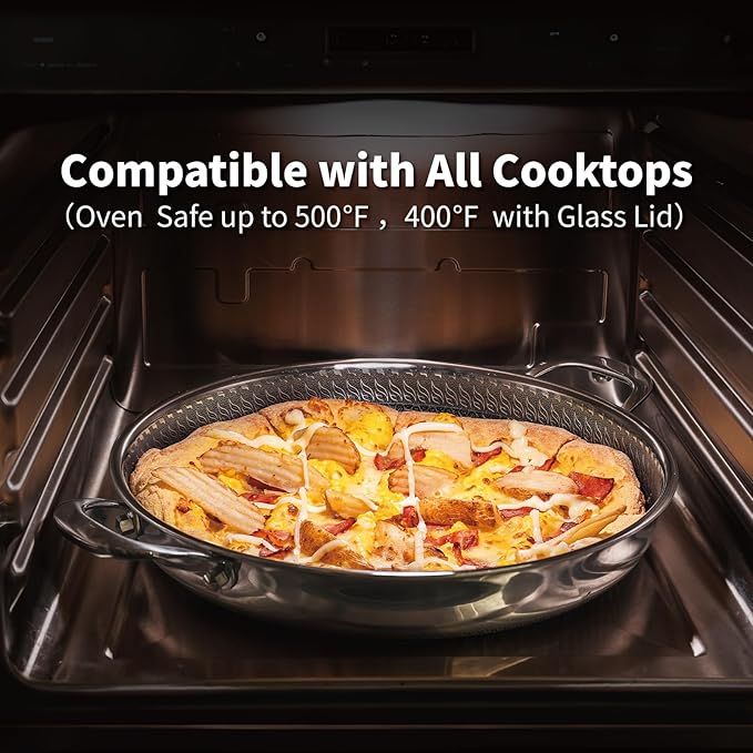 Hybrid Nonstick Skillet with Lid 13 Inch, Stainless Steel Paella Pan with Two Handles Multi-Functional Pan Dishwasher and Oven Safe