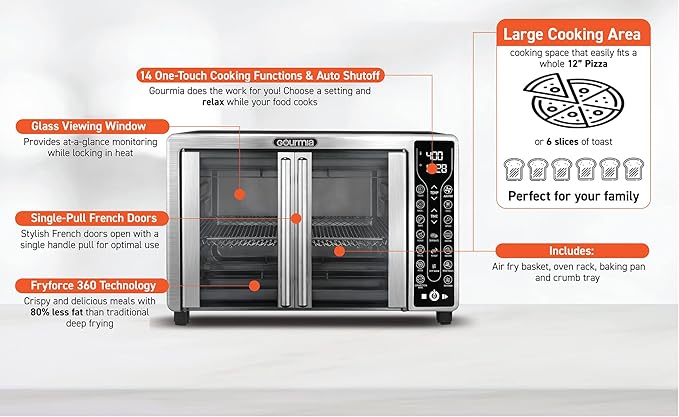 Gourmia Toaster Oven Air Fryer Combo 17 cooking presets 1700W french door digital air fryer oven 24L capacity accessories, convection rack, baking pan tray recipe book GTF7655,Large,Stainless Steel