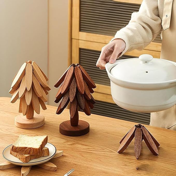 Natural Wood Tree Trivet Set, 𝐍atural Tree Trivet Set - 4 Wooden Trivets,4 Wooden 𝐓rivets & 1 Stand Like a Christmas Trees,for Hot Dish,Pot,Bowl,Teapot,Hot Pot Sets (Walnut Finish 4 Trivets,2set)