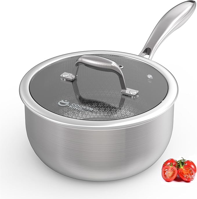 COOKER KING 3 Quart Stainless Steel Saucepan, Nonstick Sauce Pan, Ceramic Suce Pot with Tempered Glass Lid, Induction Pot Compatible with All Cooktops, Dishwasher & Oven Safe(PFAS/PFOA/PTFE Free)