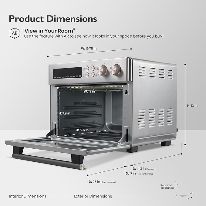 VAL CUCINA Infrared Heating Air Fryer Toaster Oven, Extra Large Countertop Convection Oven 10-in-1 Combo, 6-Slice Toast, Enamel Baking Pan Easy Clean with Recipe Book, Brushed Stainless Steel Finish