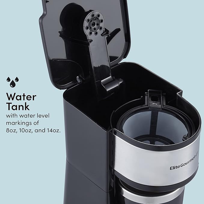 Elite Gourmet EHC112 Personal Single-Serve Compact Coffee Maker Brewer Includes 14Oz. Thermal Travel Mug with Stainless Steel Interior, Compatible with Coffee Grounds, Reusable Filter, Black