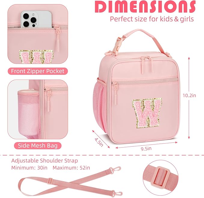 Initial Insulated Lunch Bag for Girls Kids, Back to School Gift, Reusable Leak-proof Lunch Box with Adjustable Strap for School Daycare Travel Picnic (Pink,W)