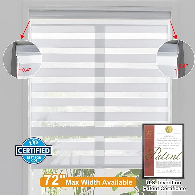 Persilux Cordless Zebra Blinds for Windows Free-Stop Roller Window Shades (39" W X 72" H, White) Dual Layer Light Control for Day and Night, Light Filtering Sheer Shades for Home, Easy to Install